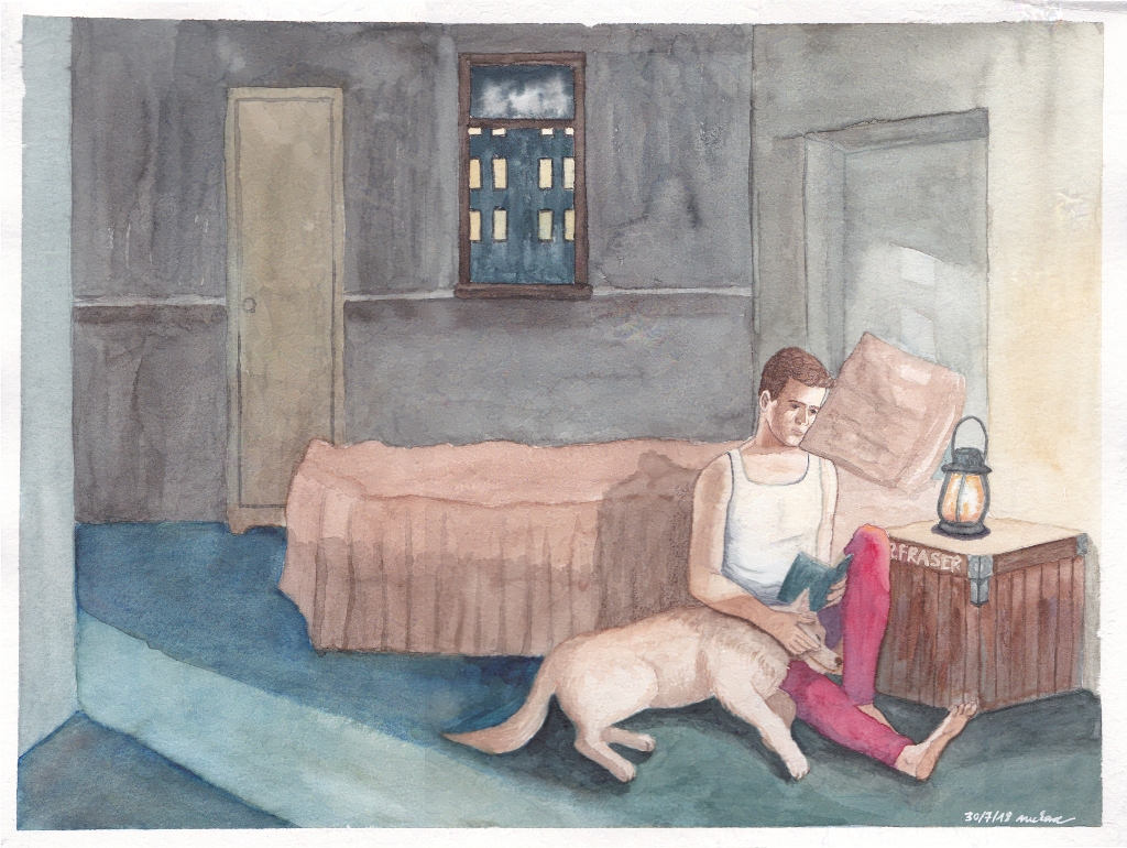 Fraser reading alone in his room, his dog sleeping on his leg